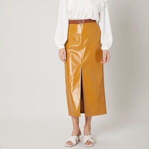 Mustard Yellow Preppy Womens Faux Leather Split Skirt